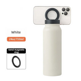 Darrahopens Appliances > Kitchen Appliances > Kettles White 24oz Stainless Steel Insulated Water Bottle With 90° Adjustable Vertical/Horizontal Magnetic Phone Holder - Ringo Style Magnetic Lid Sport Flask