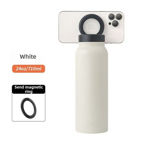 Darrahopens Appliances > Kitchen Appliances > Kettles White 24oz Stainless Steel Insulated Water Bottle With 90° Adjustable Vertical/Horizontal Magnetic Phone Holder - Ringo Style Magnetic Lid Sport Flask