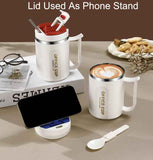Darrahopens Appliances > Kitchen Appliances > Kettles White and Blue 16oz Stainless Steel Office Mug with Phone Stand Lid, Straw and Spoon - 500ML Double Wall Insulated Coffee Cup, Wide Handle and 3 Drinking Ways