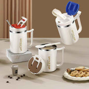 Darrahopens Appliances > Kitchen Appliances > Kettles White and Brown 16oz Stainless Steel Office Mug with Phone Stand Lid, Straw and Spoon - 500ML Double Wall Insulated Coffee Cup, Wide Handle and 3 Drinking Ways