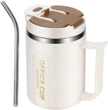 Darrahopens Appliances > Kitchen Appliances > Kettles White and Brown 16oz Stainless Steel Office Mug with Phone Stand Lid, Straw and Spoon - 500ML Double Wall Insulated Coffee Cup, Wide Handle and 3 Drinking Ways