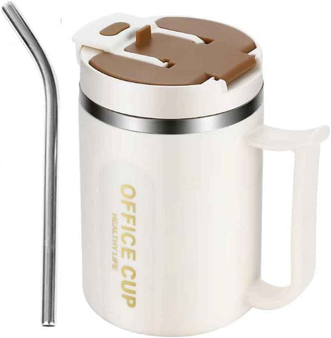 Darrahopens Appliances > Kitchen Appliances > Kettles White and Brown 16oz Stainless Steel Office Mug with Phone Stand Lid, Straw and Spoon - 500ML Double Wall Insulated Coffee Cup, Wide Handle and 3 Drinking Ways