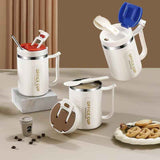 Darrahopens Appliances > Kitchen Appliances > Kettles White and Grey 16oz Stainless Steel Office Mug with Phone Stand Lid, Straw and Spoon - 500ML Double Wall Insulated Coffee Cup, Wide Handle and 3 Drinking Ways