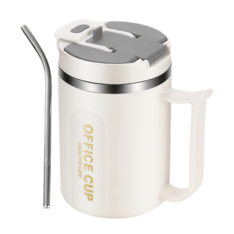 Darrahopens Appliances > Kitchen Appliances > Kettles White and Grey 16oz Stainless Steel Office Mug with Phone Stand Lid, Straw and Spoon - 500ML Double Wall Insulated Coffee Cup, Wide Handle and 3 Drinking Ways