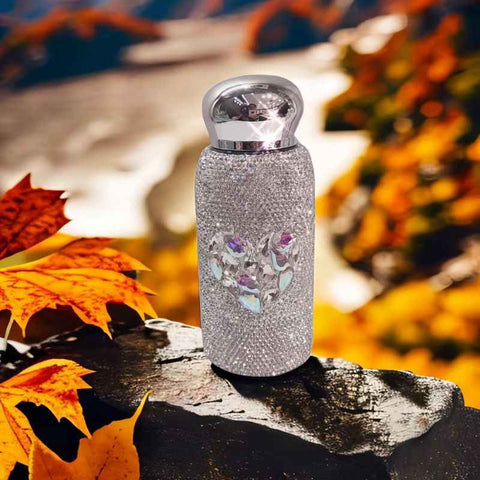 Darrahopens Appliances > Kitchen Appliances > Kettles White Heart Pattern Handmade Luxury Diamond Insulated Water Bottle – Bling Rhinestone 304 Stainless Steel Pocket Mug (260ml)