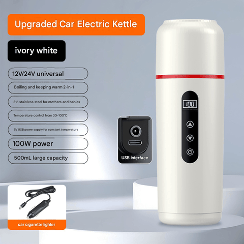 Darrahopens Appliances > Kitchen Appliances > Kettles White Portable Car Electric Kettle 12V/24V Universal USB Travel Water Boiler 500ml 316 Stainless Steel Smart Temperature Control