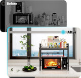 Darrahopens Appliances > Kitchen Appliances > Microwave Ovens CARLA HOME 2-Tier Microwave Oven Rack with Adjustable Metal Kitchen Shelf Stand for Countertop Storage and 6 Hooks for Utensils (Black)