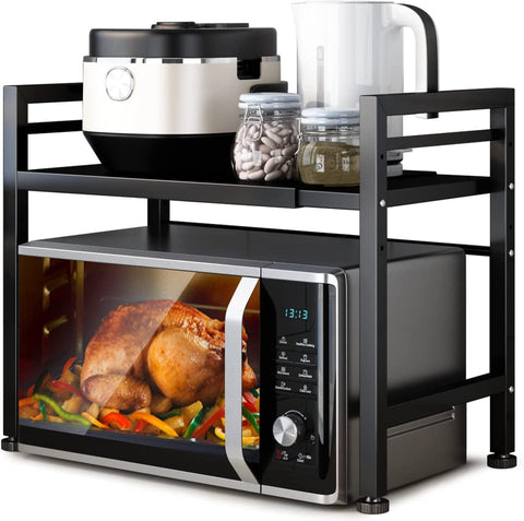 Darrahopens Appliances > Kitchen Appliances > Microwave Ovens CARLA HOME 2-Tier Microwave Oven Rack with Adjustable Metal Kitchen Shelf Stand for Countertop Storage and 6 Hooks for Utensils (Black)