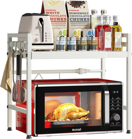 Darrahopens Appliances > Kitchen Appliances > Microwave Ovens CARLA HOME 2-Tier Microwave Oven Rack with Adjustable Metal Kitchen Shelf Stand for Countertop Storage and 6 Hooks for Utensils (White)