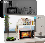 Darrahopens Appliances > Kitchen Appliances > Microwave Ovens CARLA HOME 2-Tier Microwave Oven Rack with Adjustable Metal Kitchen Shelf Stand for Countertop Storage and 6 Hooks for Utensils (White)
