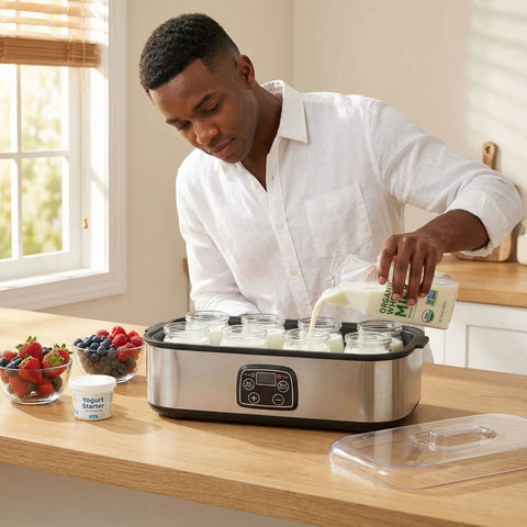 Darrahopens Appliances > Kitchen Appliances > Speciality Appliances Stainless Steel Home Yogurt Maker with 8 Glass Jars, 1400mL Capacity, Adjustable 20-55°C Temperature & 1-48h Timer for Homemade Yogurt, Smoothie, Jam, and Frozen Yogurt Desserts (Silver) In Australia - Darrahopens