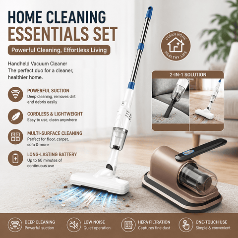 Darrahopens Appliances > Vacuum Cleaners > Vacuums 2-piece Home Cleaning  Bundle - Golden UV Mattress Mite Vacuum Cleaner & White Cordless Handheld Stick Vacuum Set, Wireless Rechargeable Home Car Pet Hair Cleaning Kit