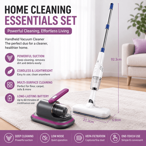 Darrahopens Appliances > Vacuum Cleaners > Vacuums 2-piece Home Cleaning  Bundle - Purple UV Mattress Mite Vacuum Cleaner & White Cordless Handheld Stick Vacuum Set, Wireless Rechargeable Home Car Pet Hair Cleaning Kit