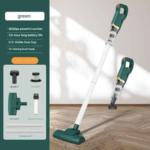 Darrahopens Appliances > Vacuum Cleaners > Vacuums Green Cordless Handheld Vacuum Cleaner - 8500Pa Powerful Suction, 700mL Dust Cup, USB Rechargeable with 2000mAh Battery, 3 Brush Heads, 2 Extension Rods, Lightweight Stick Vacuum for Home, Car, Pet Hair, Carpet and Hardwood Floor Cleaning