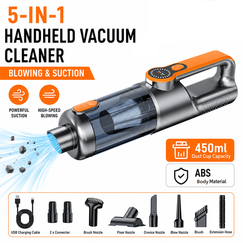 Darrahopens Appliances > Vacuum Cleaners > Vacuums Silver and Orange Cordless Handheld Vacuum Cleaner 17000Pa High Suction Portable Rechargeable 5 in 1 Car Home Cleaning Device Multi Function Dust Removal Tool Lightweight Easy Clean ECO MAX Modes