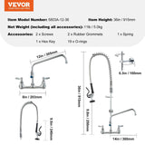 Darrahopens Audio & Video > Musical Instrument & Accessories > Audio Players & Recorders VEVOR Commercial Faucet with Pre-Rinse Sprayer, 36" Height, 8" Center, 12" Swing Spout, Wall Mount Kitchen Sink Faucet, Brass Constructed Device with Pull Down Spray, for 1/2/3 Compartment Sink