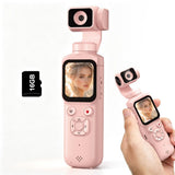 Darrahopens Audio & Video > Photography > Camera Accessories 4K Vlogging Camera with 330° Gimbal Lens & 75MP Photo, WiFi Pocket Camera Compact Vlog Camera for Beginners, 330 Degree Rotating Lens, Content Creator Kit with Tripod & 16GB Card - Pink - Size 158mm In Australia - Darrahopens