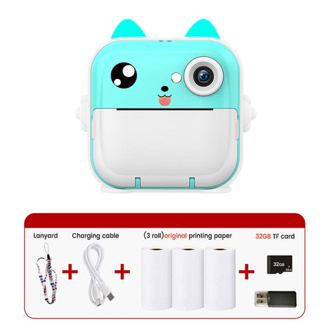 Darrahopens Audio & Video > Photography > Camera Accessories Blue cat Kids Instant Print Camera Zero Ink Digital Video Recorder with 32GB Card and 3 Paper Rolls Portable Rechargeable Toy Gift