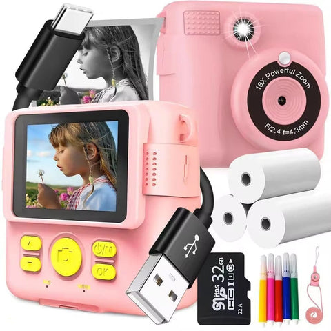 Darrahopens Audio & Video > Photography > Camera Accessories Pink ABS-681 Portable Kids Mini Digital Polaroid with 32GB Card,  3 Rolls Printing Paper & 6 Color Pens - Instant Print Thermal Photo Printer for DIY Fun