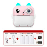 Darrahopens Audio & Video > Photography > Camera Accessories Pink cat Kids Instant Print Camera Zero Ink Digital Video Recorder with 32GB Card and 3 Paper Rolls Portable Rechargeable Toy Gift