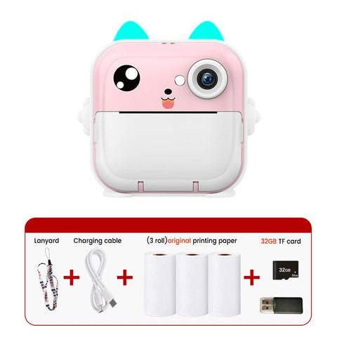Darrahopens Audio & Video > Photography > Camera Accessories Pink cat Kids Instant Print Camera Zero Ink Digital Video Recorder with 32GB Card and 3 Paper Rolls Portable Rechargeable Toy Gift