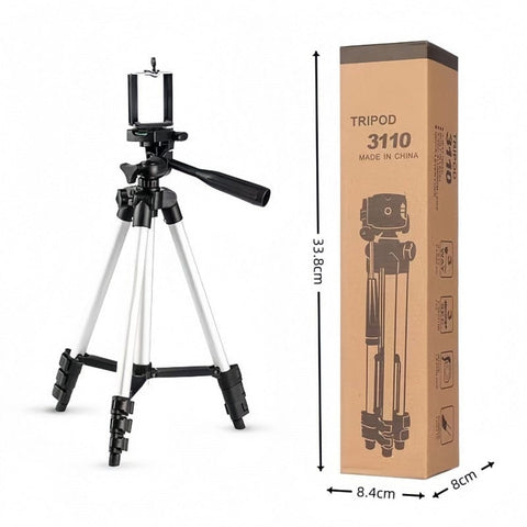 Darrahopens Audio & Video > Projectors & Accessories > Screens & Stands 110cm Lightweight Camera & Phone Tripod Stand - Portable Aluminium Travel Tripod with 3-Way Head, Bubble Level & Universal Smartphone Holder - 3110 Adjustable Mount for Live Stream & Vlogging - Black and Silver