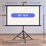 Darrahopens Audio & Video > Projectors & Accessories > Screens & Stands 84inPortable and mobile projection screen with tripod stand, 16:9 HD format, suitable for home theater and indoor wall mounting. Made of polyester fabric, easy to set up and use. Ideal for office presentations and home entertainment, ready to use right ou