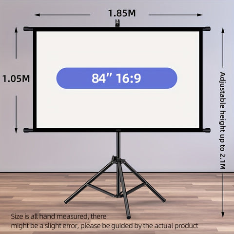 Darrahopens Audio & Video > Projectors & Accessories > Screens & Stands 84inPortable and mobile projection screen with tripod stand, 16:9 HD format, suitable for home theater and indoor wall mounting. Made of polyester fabric, easy to set up and use. Ideal for office presentations and home entertainment, ready to use right ou