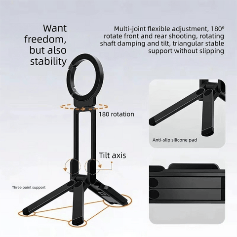 Darrahopens Audio & Video > Projectors & Accessories > Screens & Stands Black Portable Magnetic Phone Mount with MagLock - Multi-Functional Foldable Tripod Stand for Desktop, Travel & Vlogging, Strong Dual Magnet Design for iPhone & Android