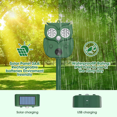 Darrahopens Audio & Video > Speakers > Audio Speakers Solar Ultrasonic Animal Repeller - Owl Design with 14 LED Flashing Lights - Outdoor Motion Sensor Deterrent for Birds, Cats, Dogs & Rodents - 5 Adjustable Modes with USB Charging