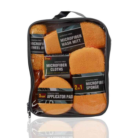 Darrahopens Auto Accessories > Auto Accessories Others > Automotive Cleaning 9-Piece Orange Car cleaning kit- Microfibre Wash Mitt, Sponge, Wheel Brush, Waxing Pads & Towels - Complete Auto Detailing Set for Home & Garage Use