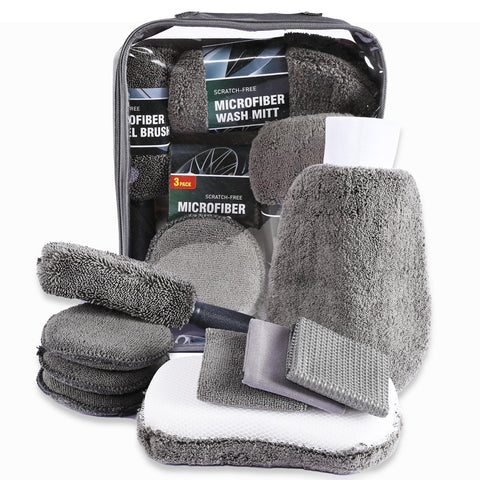 Darrahopens Auto Accessories > Auto Accessories Others > Automotive Cleaning Multi-Use Car Cleaning Kit – 9-Piece Auto Detailing Set with Wash Mitt, Wheel Brush, Microfiber Cloths, Sponge, Applicator Pads, Storage Bag (Gray)