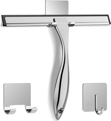 Darrahopens Auto Accessories > Auto Accessories Others > Automotive Cleaning Multipurpose Stainless Steel Shower Scraper for Shower Door with 2 Adhesive Hooks, Bathroom Cleaning Tools Home Window Mirror Scraper for Home Cleaning, Glass Door, Tile Wall, Car, 14 Inch Silver