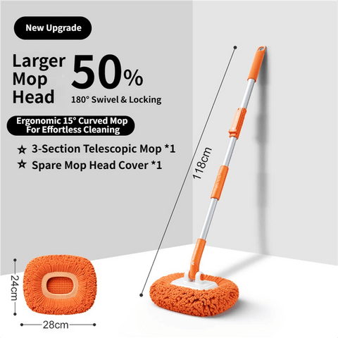 Darrahopens Auto Accessories > Auto Accessories Others > Automotive Cleaning Orange 21° Curved Car Wash Mop and Snow Scraper with 180°Rotating Detachable Pole & 2 x Extra Large Microfiber Brush Cover – 3 Section Telescopic (58–118 CM) Aluminum Alloy Cleaning Brush for Vehicle and Home Care