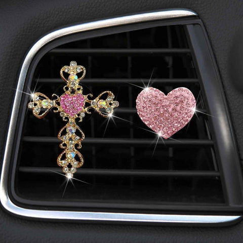 2 Pack Car Vent Clips,Crystal Cross and Heart Air Vent Clips,Bling Car Accessories for Women & Girls(Pink)