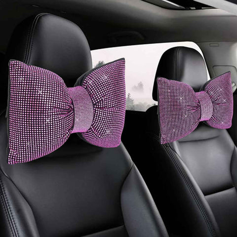 2 PCS Bling Car Pillows,Rhinestones Bowknot Car Headrest Pillow,Car Neck Pillow for Driver Relax Necksupport,Sleeping Travel Support Neck Pillow,Shiny Diamond Interior Accessories for Women,Pink