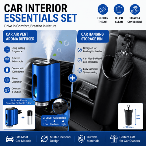 Darrahopens Auto Accessories > Auto Accessories Others > Automotive Decor 2 pcs Car interior essentials set-Blue Car Air Vent Aroma Diffuser &Black  Hanging Storage Bin- hanging storage container that is convenient to use and Compact