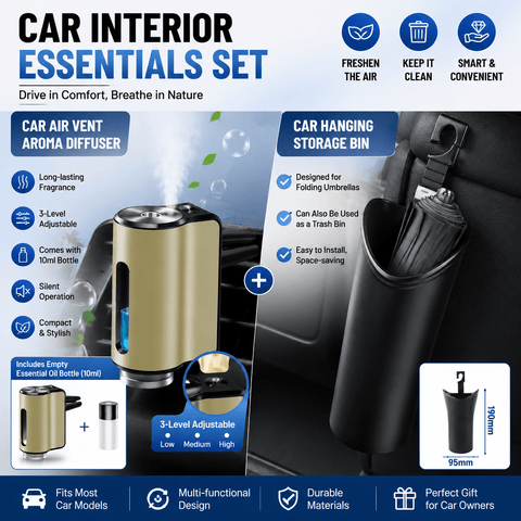 Darrahopens Auto Accessories > Auto Accessories Others > Automotive Decor 2 pcs Car interior essentials set-Golden Car Air Vent Aroma Diffuser &Black  Hanging Storage Bin- hanging storage container that is convenient to use and Compact