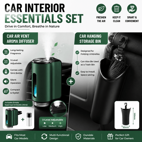 Darrahopens Auto Accessories > Auto Accessories Others > Automotive Decor 2 pcs Car interior essentials set-Green Car Air Vent Aroma Diffuser &Black Hanging Storage Bin- hanging storage container that is convenient to use and Compact