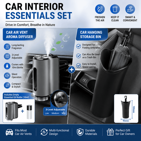 Darrahopens Auto Accessories > Auto Accessories Others > Automotive Decor 2 pcs Car interior essentials set-Grey Car Air Vent Aroma Diffuser &Black  Hanging Storage Bin- hanging storage container that is convenient to use and Compact