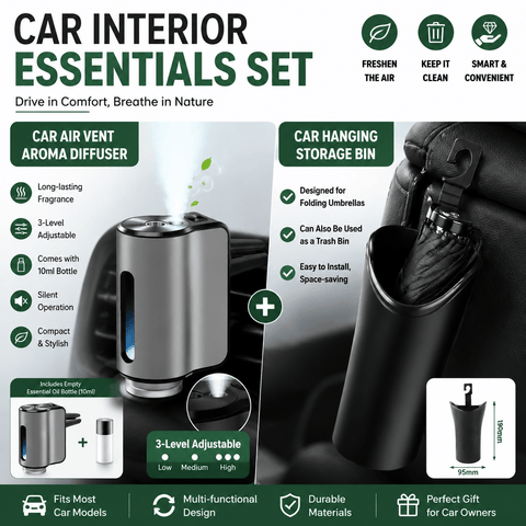 Darrahopens Auto Accessories > Auto Accessories Others > Automotive Decor 2 pcs Car interior essentials set-Silvery Car Air Vent Aroma Diffuser & Black Hanging Storage Bin- hanging storage container that is convenient to use and Compact