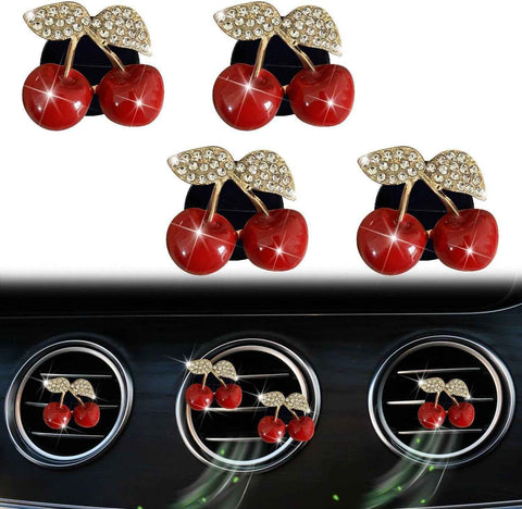 4 Pcs Cherry Car Air Vent Freshener Clip, Rhinestone Car Air Outlet Fragrance Freshener, Bling Cute Automobile Accessories Decoration for Women,Air Fresheners Decor（Odor Random）