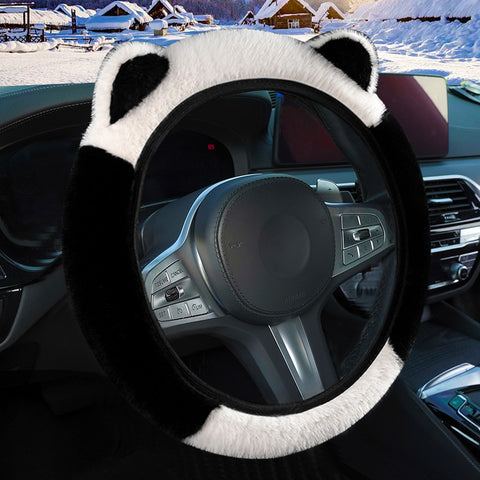 Darrahopens Auto Accessories > Auto Accessories Others > Automotive Decor Black Stitching White Plush Cat Ear Steering Wheel Cover - Cute & Fuzzy Winter Grip, Universal 38cm Fit