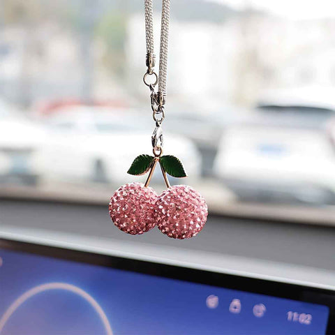Bling Cherry Car Rear View Mirror Charm, Sparkly Rhinestones Automotive Decoration Pendant, Cute Vehicle Interior Hanging Ornament, Lucky Present for Women, Girl (Pink)