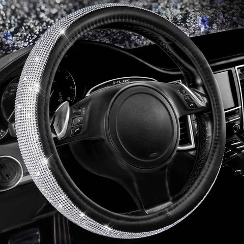 Bling Diamond Leather Steering Wheel Cover, with Bling Sparkly Crystal Glitter Rhinestones Universal Fit 14.5in-15in Car Wheel Protector for Women Girl Fit Suvs,Vans,Sedans,Car,Trucks, Silver