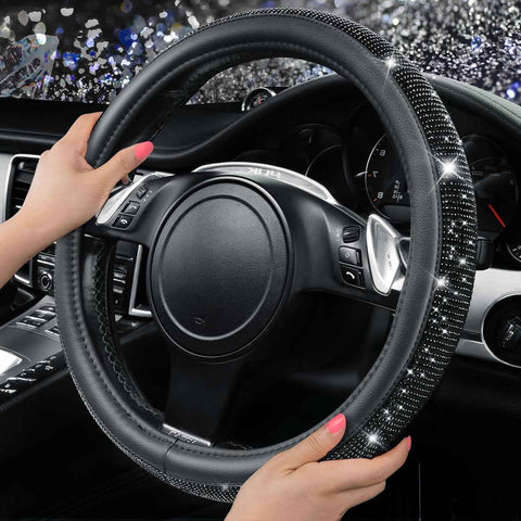 Bling Diamond Leather Steering Wheel Cover, With Sparkly Crystal Glitter Rhinestones Universal Fit 14"1/2-15" Car Wheel Protector for Women Girl Fit Suvs,Vans,Sedans,Car,Trucks, Black Diamond