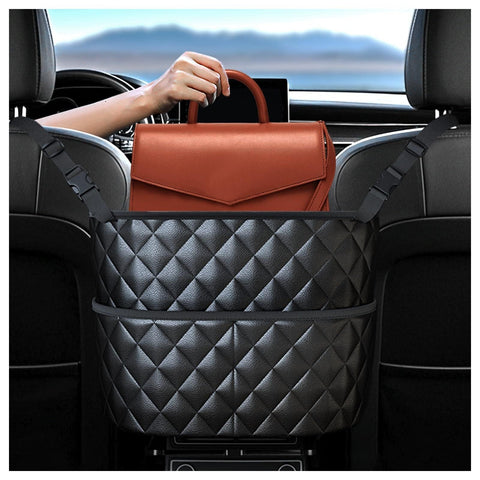 Darrahopens Auto Accessories > Auto Accessories Others > Automotive Decor Car Seat Storage Bag: PU Leather Organizer with Hooks – Pet Barrier, Safe Driving Storage for Wallets/Phones (Black)