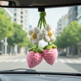 Darrahopens Auto Accessories > Auto Accessories Others > Automotive Decor Crochet Strawberry and Flower Car Hanging Ornaments, Cute Aesthetic Rearview Mirror Hanging Accessories for Women and Girls, Handmade Polyester Fiber Car Decor 2-Pack