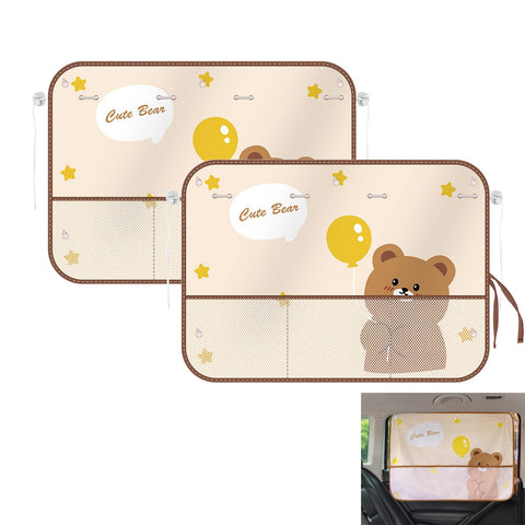 Darrahopens Auto Accessories > Auto Accessories Others > Automotive Decor Cute Bear Car Sunshade Set of 2 – Side Window Curtain with Storage Mesh Pockets and Suction Cups for Kids – UV Protection & Heat Block (Beige)