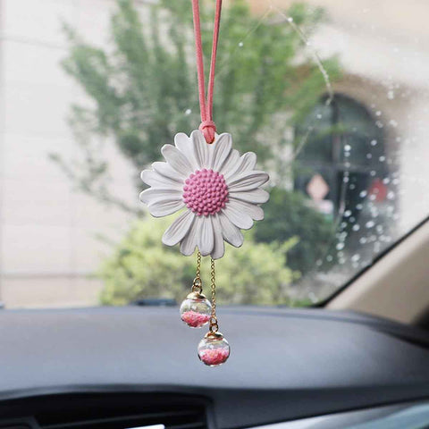 Daisy Car Hanging Ornaments for Women Girls Cute Sunflower Car Rear View Mirror Hanging Charms Automotive Interior Aesthetic Decoration Accessories Gift (White & Pink)